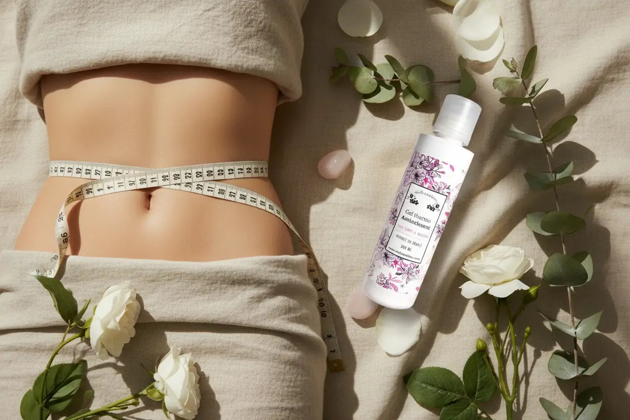 Flacon blanc avec motif floral et étiquette transparente contenant un produit liquide pour cavitation et vacuum
