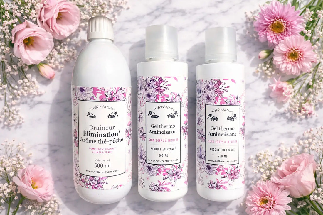 Trois flacons blancs en plastique avec étiquettes florales et textes français pour soins du corps dans article silhouette affinée sans chirurgie