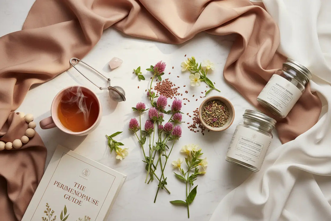 Une tasse en céramique remplie de thé ambré fumant avec un infuseur argenté sur tissu rose doux pour la préménopause