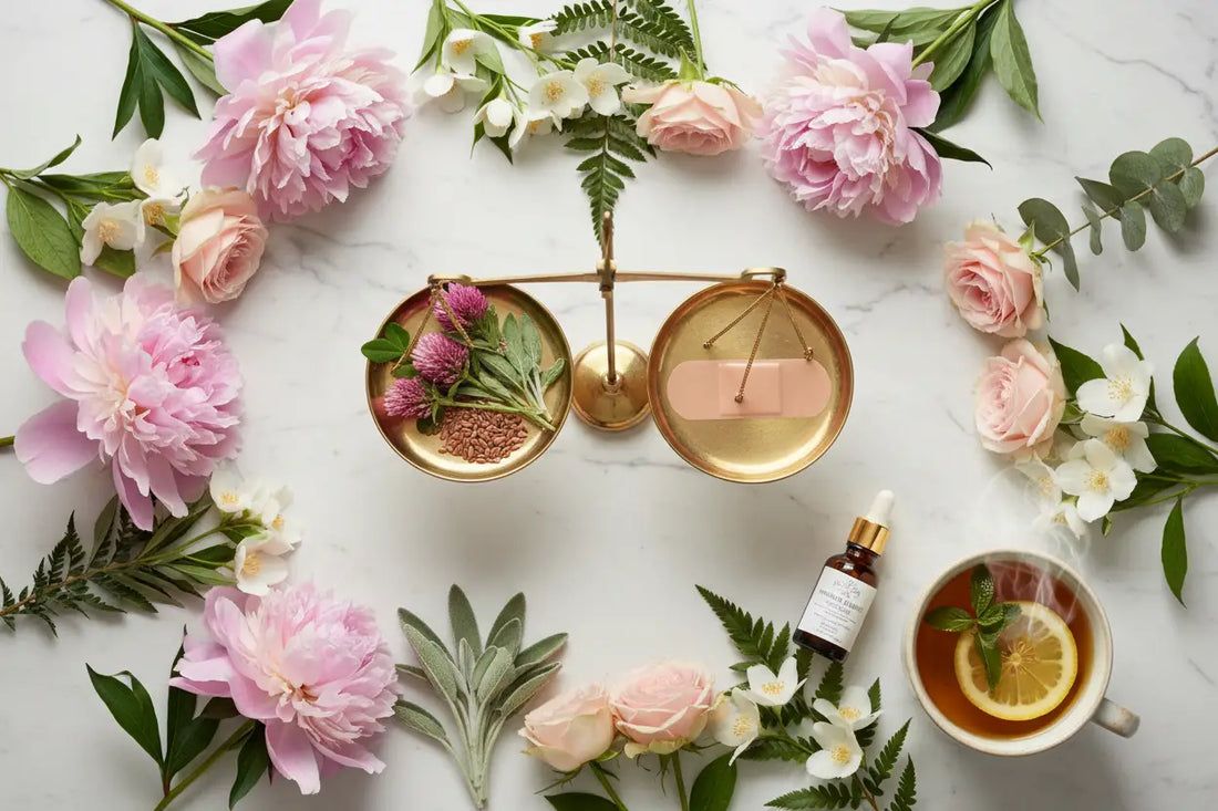 Balance dorée avec herbes séchées et pansement rose illustrant traitement hormonal de la ménopause.