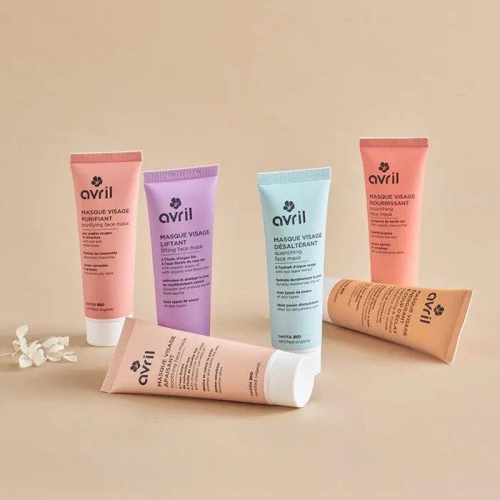 Tube de masque facial avril cosmétiques pastel en rose, violet, bleu et pêche avec bouchons blancs