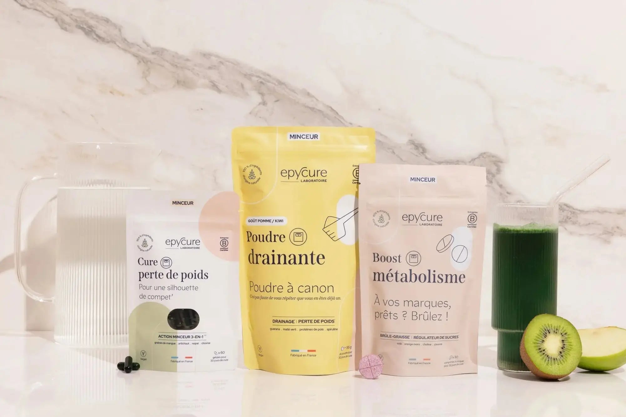 Pochettes jaunes et roses de poudre minceur epycure compléments alimentaires naturels en présentation multiple
