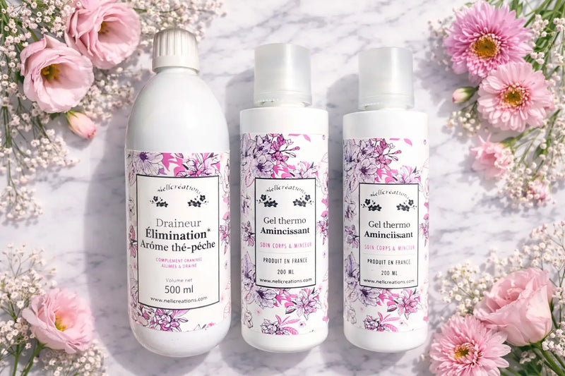 Trois bouteilles blanches en plastique avec étiquettes florales et bouchons argentés gamme minceur et corps Nellcréations