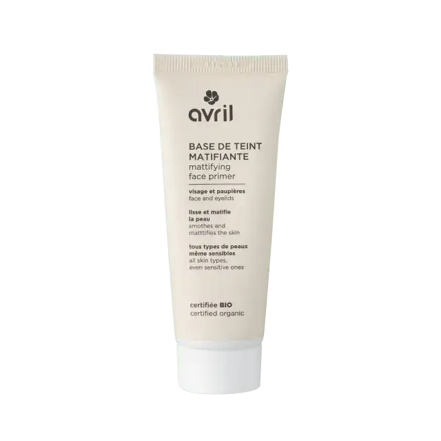 Beige tube de base de teint matifiante avril avec bouchon blanc et texte noir pour un effet mat
