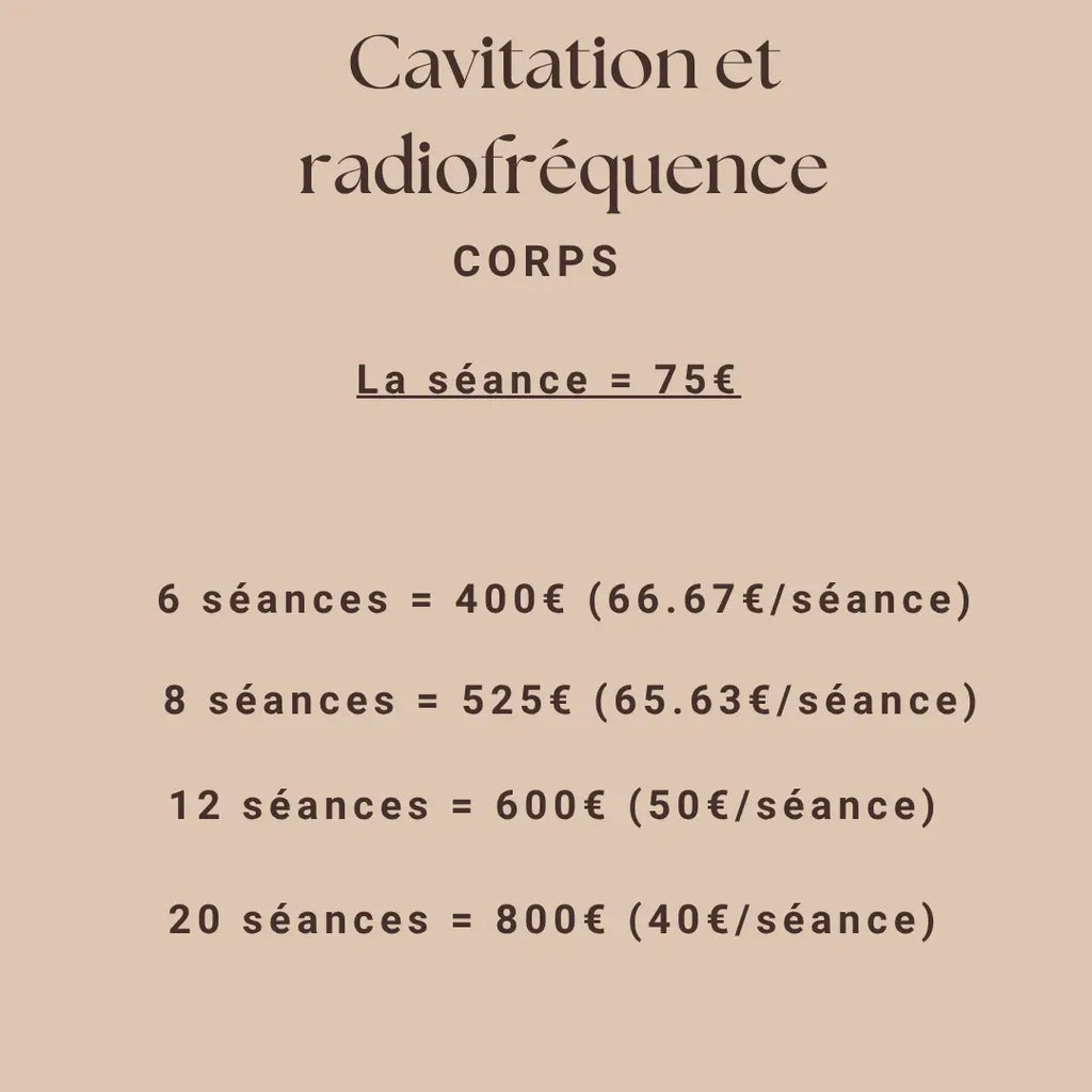 Beige background with dark brown text showing cavitation et radiofréquence treatment pricing packages
