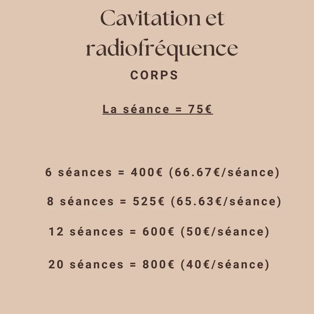 Beige background with dark brown text showing cavitation et radiofréquence treatment pricing packages