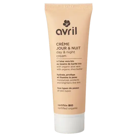 Un tube pêche de crème jour et nuit avril avec un bouchon blanc et texte noir sur ingrédients bio