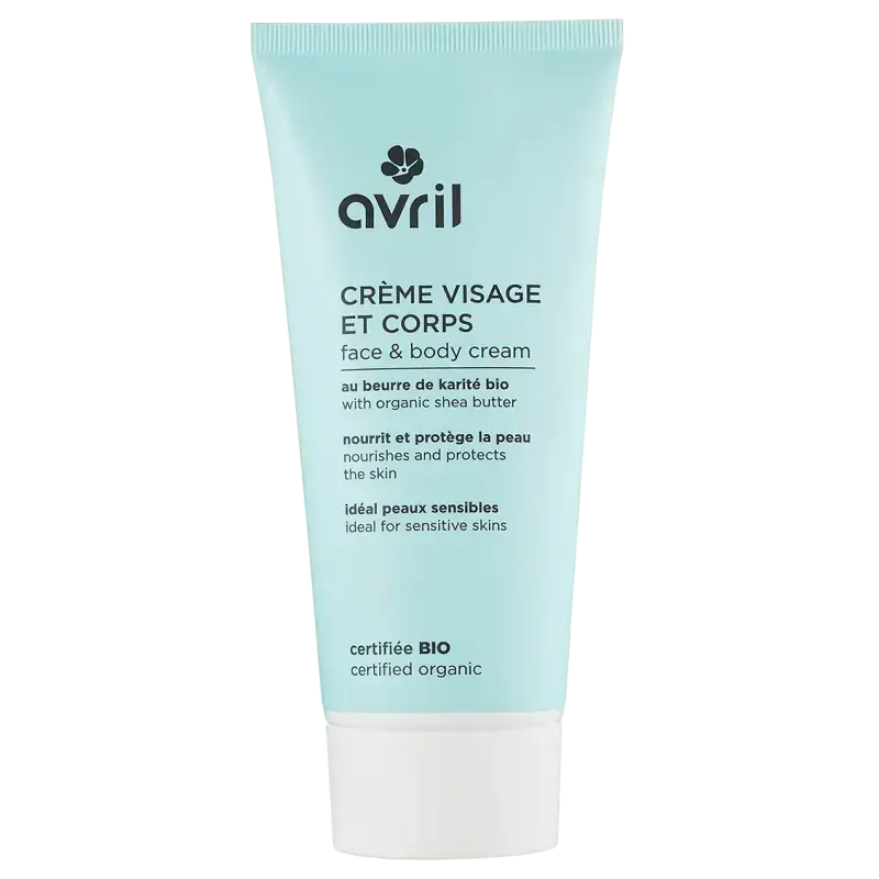 Un tube bleu clair de crème visage et corps avril avec beurre de karité bio pour peau sensible