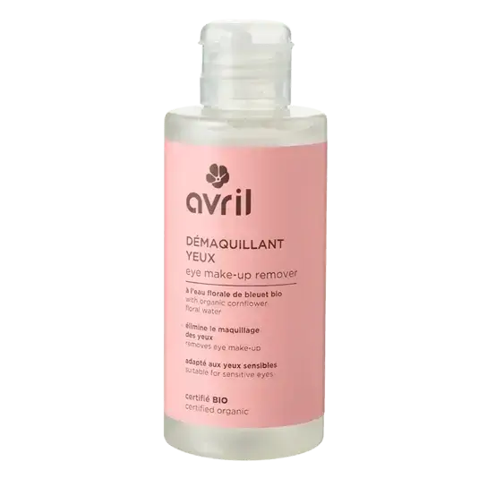 Bouteille en plastique claire avec étiquette rose et bouchon blanc démaquillant yeux avril pour maquillage
