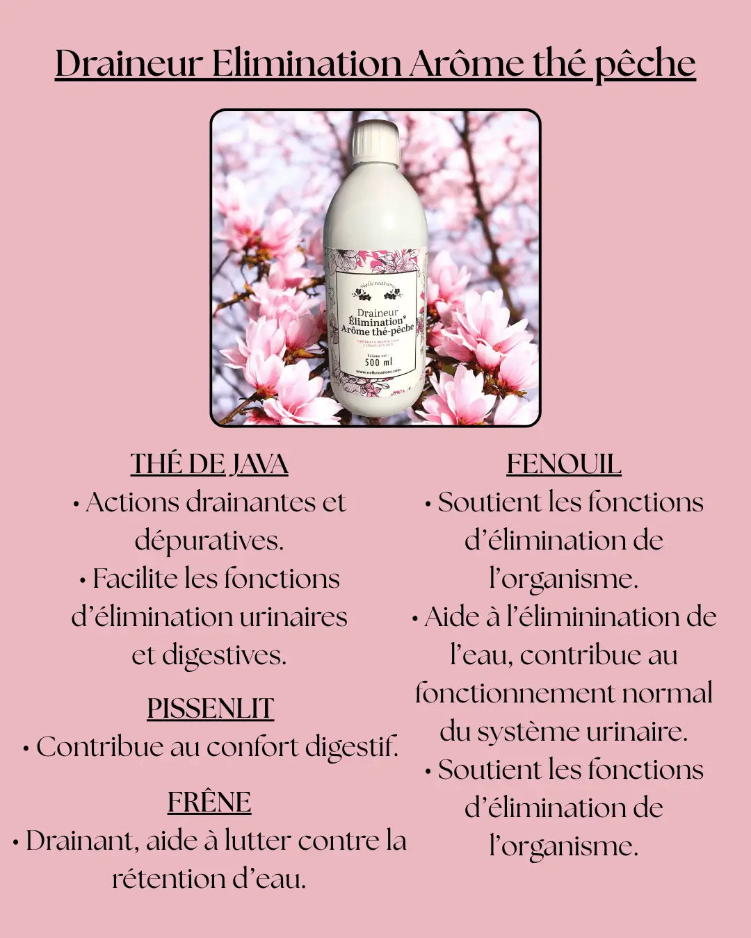 Bouteille blanche draineur élimination arôme thé pêche avec étiquette florale et fleurs roses en arrière-plan