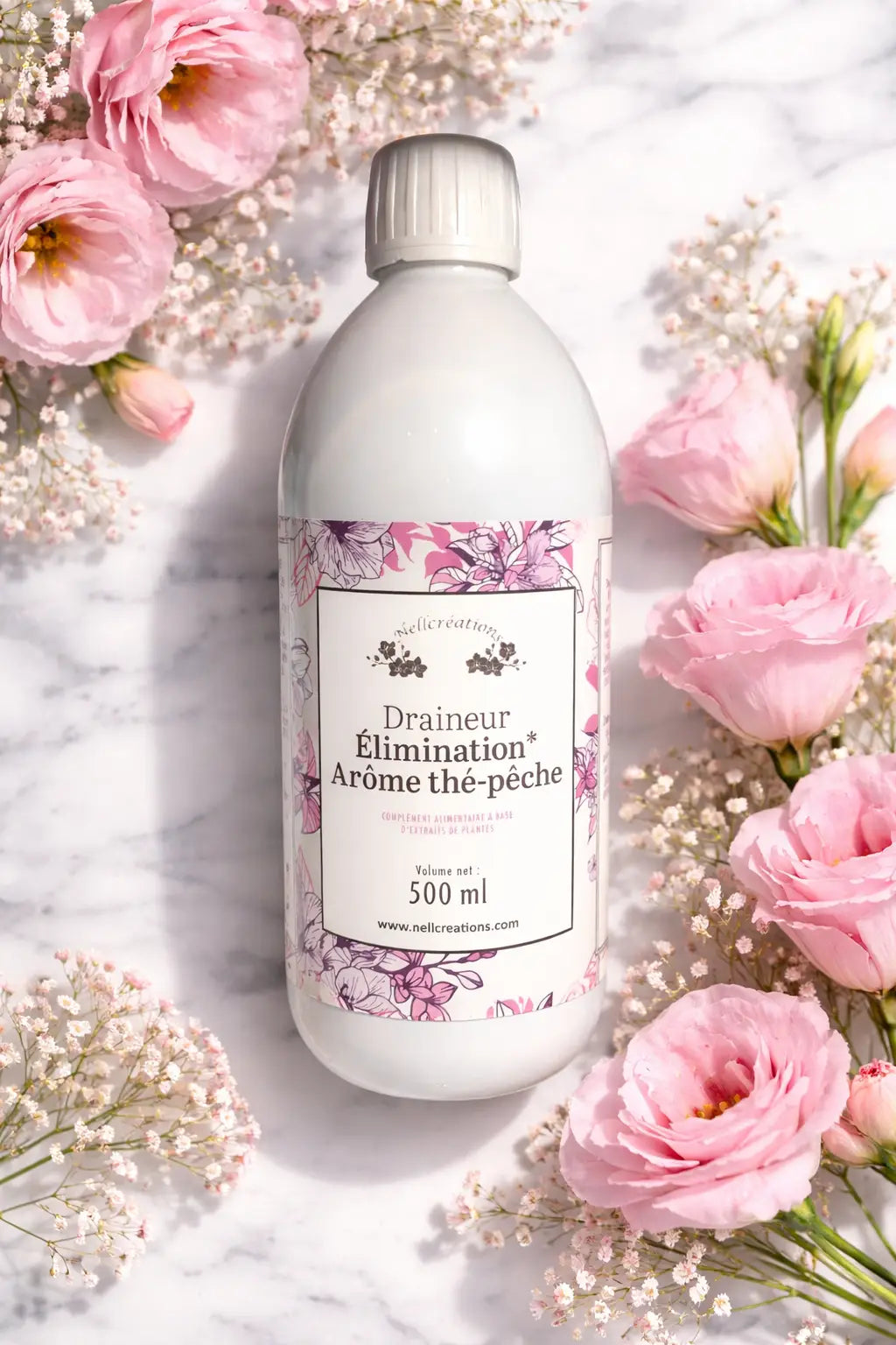 Flacon plastique blanc 500 ml avec bouchon argenté et étiquette florale draineur élimination arôme thé pêche Nellcréations