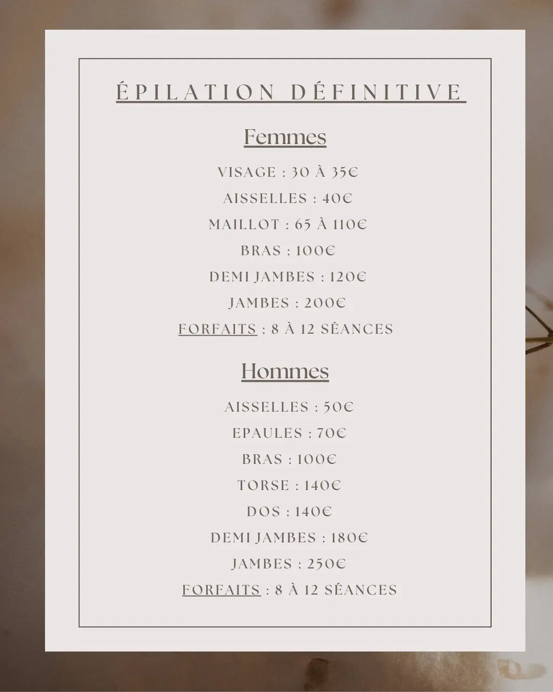 Carte de menu blanche minimaliste avec texte noir listant les services d epilation definitve femme et homme en francais