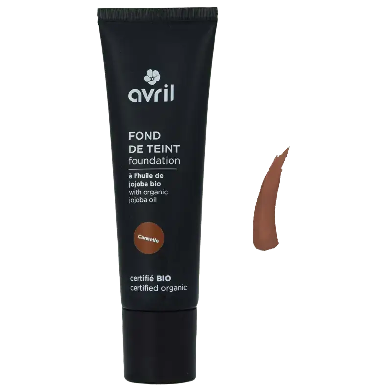 Fond de teint cannelle avril en tube noir avec huile de jojoba bio et label certifié biologique visible côté face