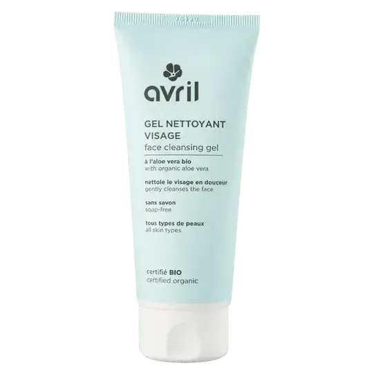 Un tube bleu clair de gel nettoyant visage avril à l’aloe vera bio avec un bouchon blanc et un design minimaliste