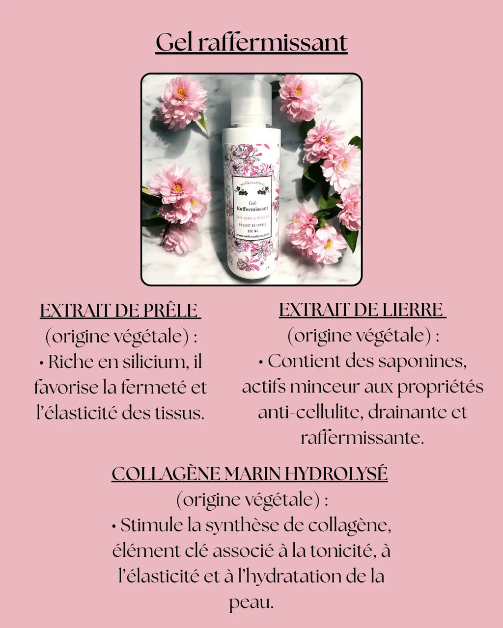 Bouteille blanche de gel raffermissant nellikleations avec motif floral et fleurs roses autour