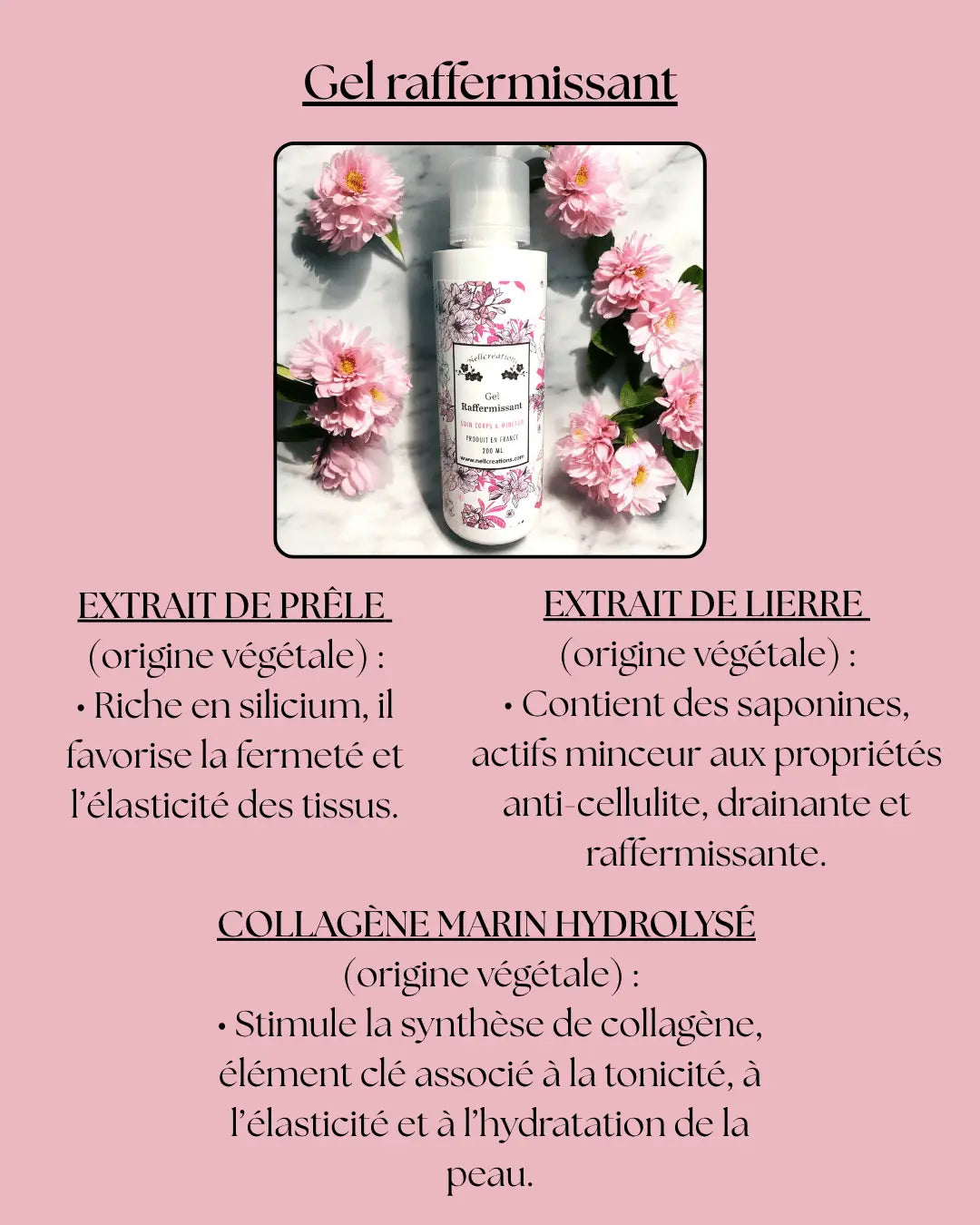 Bouteille blanche de gel raffermissant nellikleations avec motif floral et fleurs roses autour