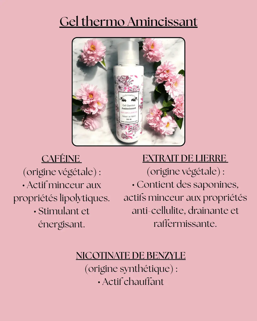 Gel thermo amincissant nellcréations en flacon pompe blanc avec étiquette florale rose et verte