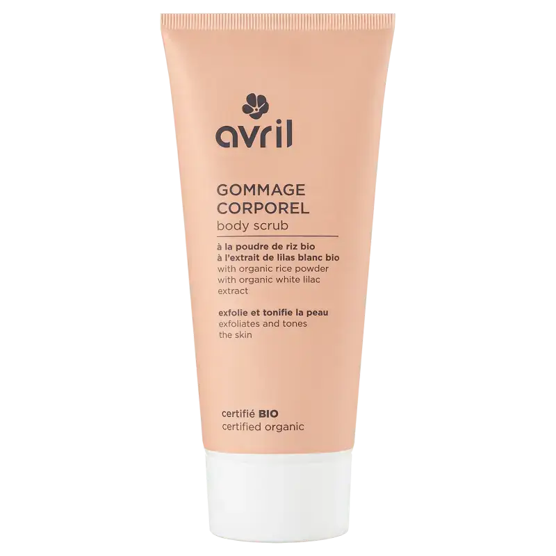 Tube pêche gommage corporel avril avec poudre de riz bio et extrait de lilas blanc bouchon blanc