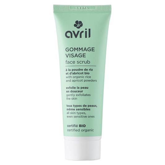 Tube de gommage visage bio Avril 50ml avec poudre de riz et noyaux d'abricot pour exfoliation douce