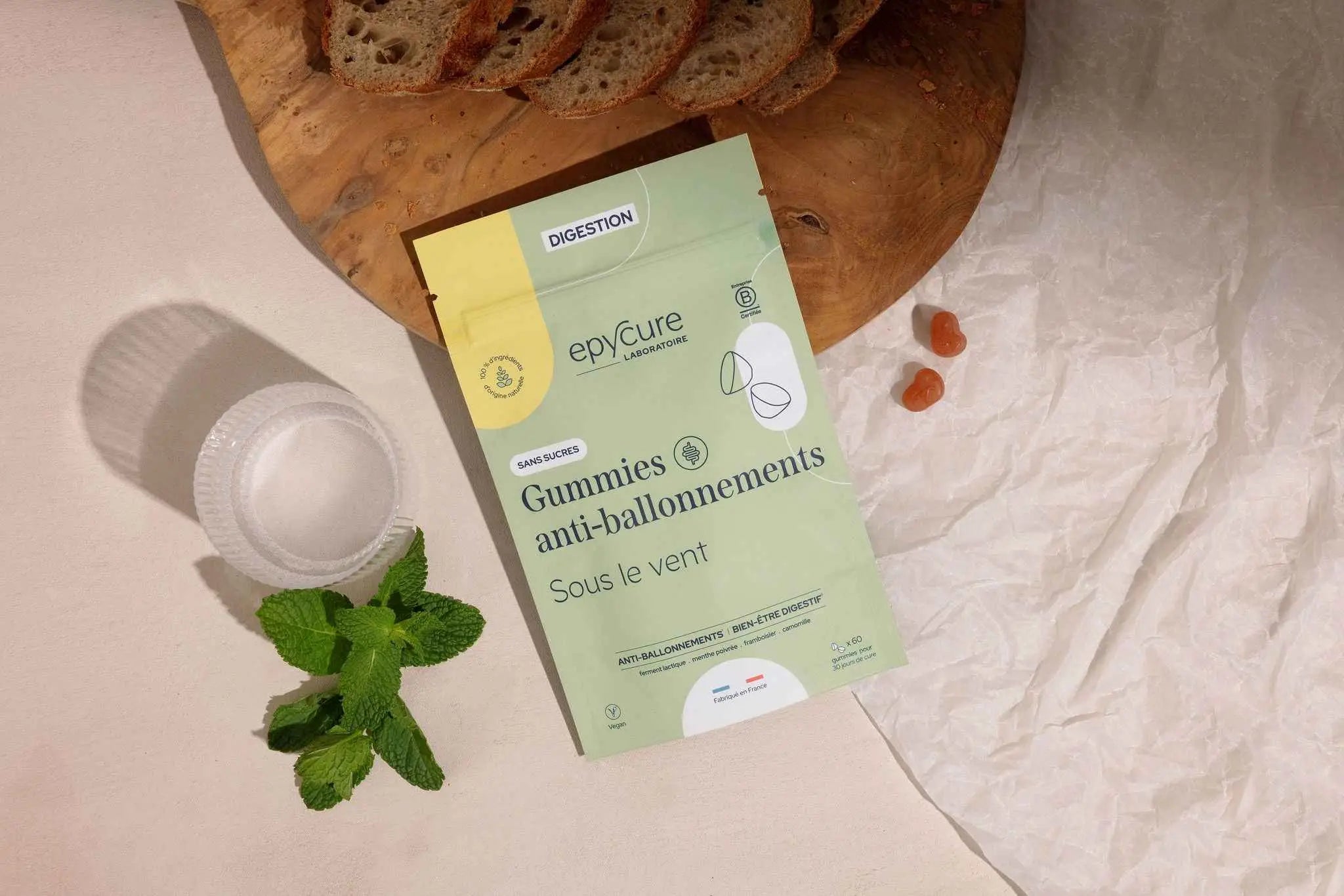 Packaging vert clair et jaune des gummies anti ballonnements sans sucre d epycure laboratoire