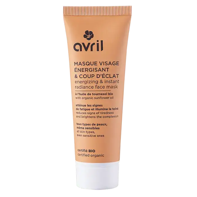 Tube apricot du masque énergisant et coup d’éclat avril avec bouchon blanc et logo noir