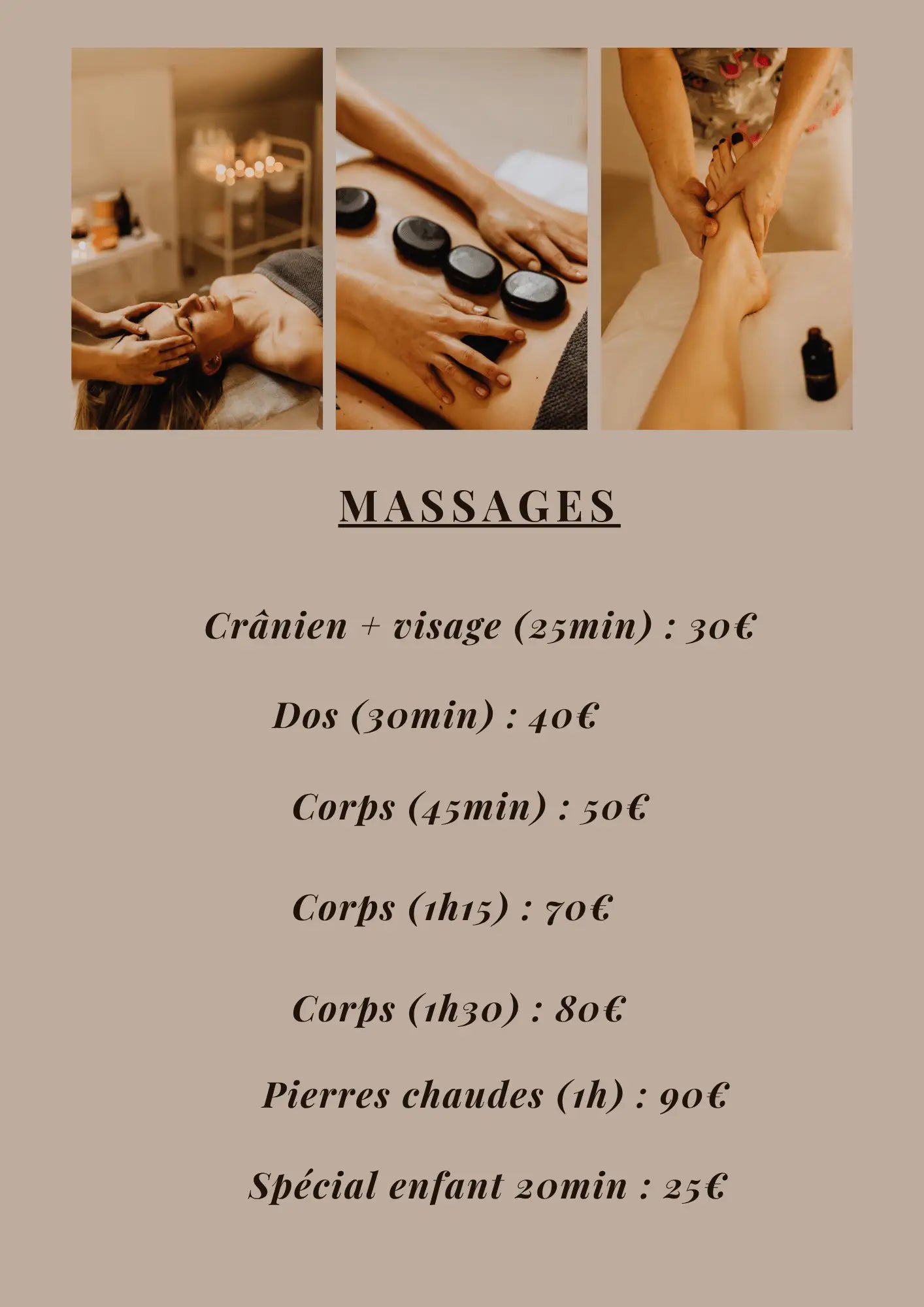 Menu massages corps avec tarifs en euros pour massages crâniens, faciaux, corps entier, pierres chaudes et enfants