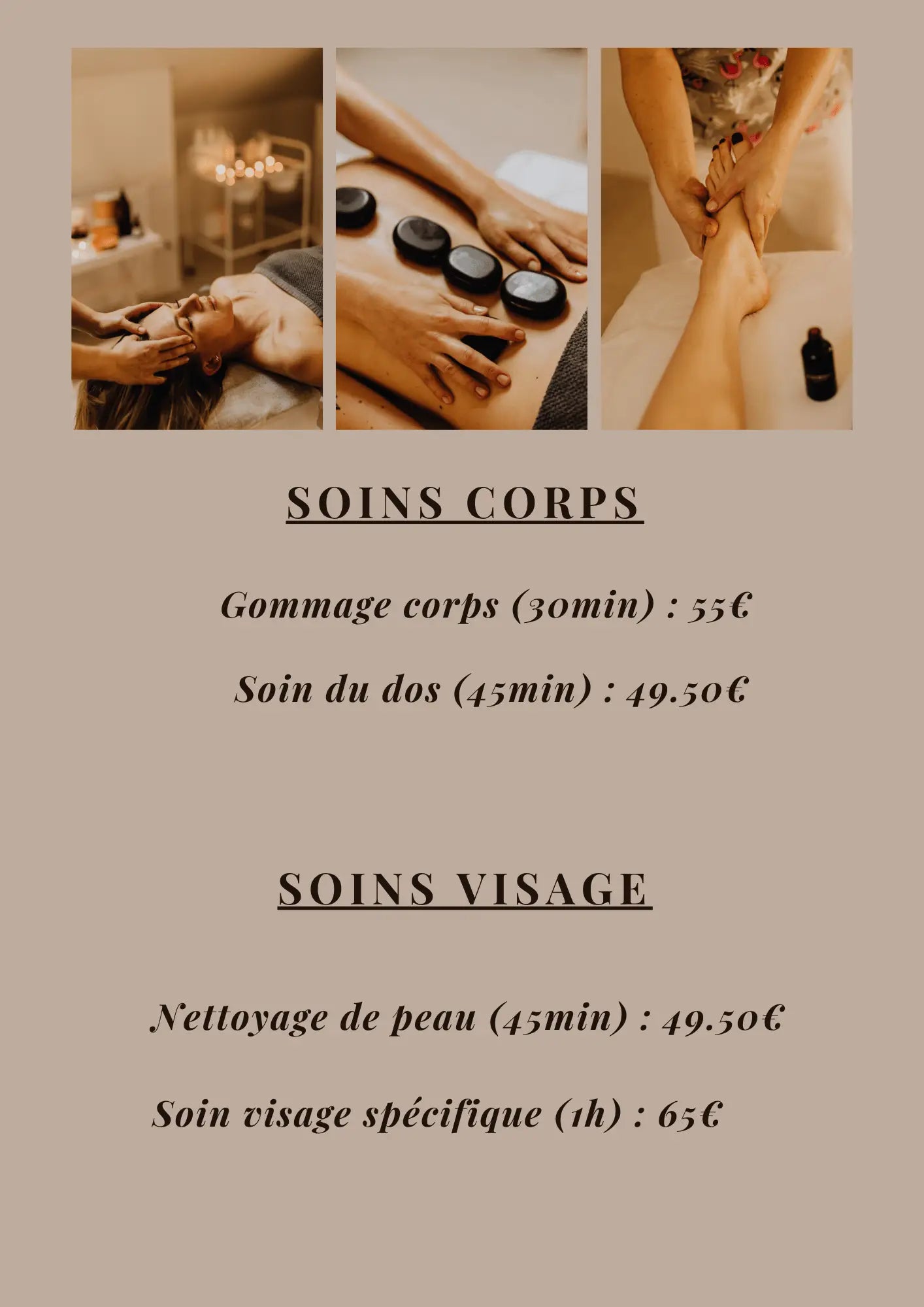 Menu de spa en français listant nettoyages de peau et soins visage purifiants avec durées et tarifs détaillés