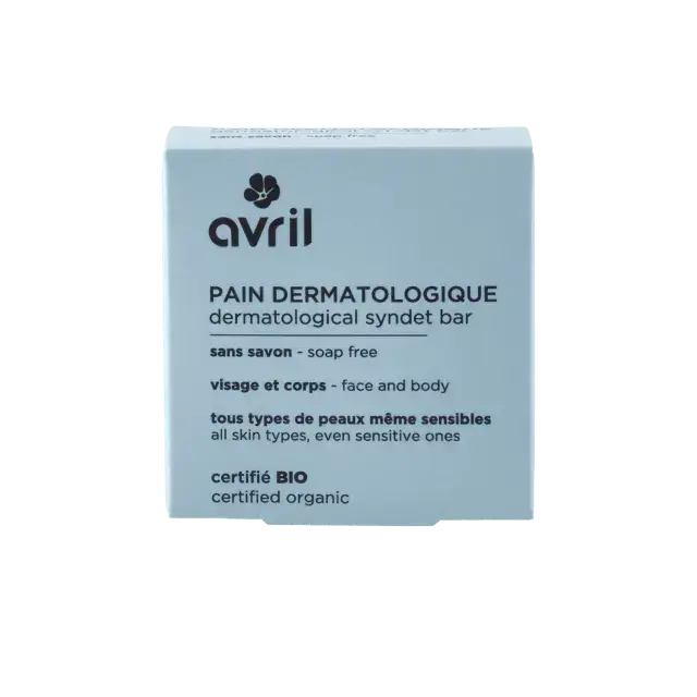 Une boîte rectangulaire bleu pâle du pain dermatologique avril sans savon certifié biologique adapté aux peaux sensibles