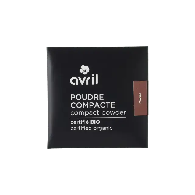 Poudre compacte cacao avril en boîtier rectangulaire noir avec texte blanc et échantillon de couleur marron cacao