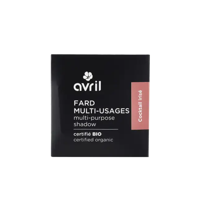 Recharge fard à paupières avril fard multi-usages cocktail irisé dans boîte noire avec étiquette rose pâle