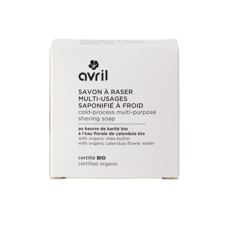 Boîte rectangulaire blanche de savon à raser multi-usages saponifié à froid avril avec texte noir et logo