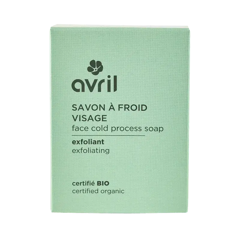 Boîte rectangulaire vert pâle de savon exfoliant visage avril certifié bio au procédé froid