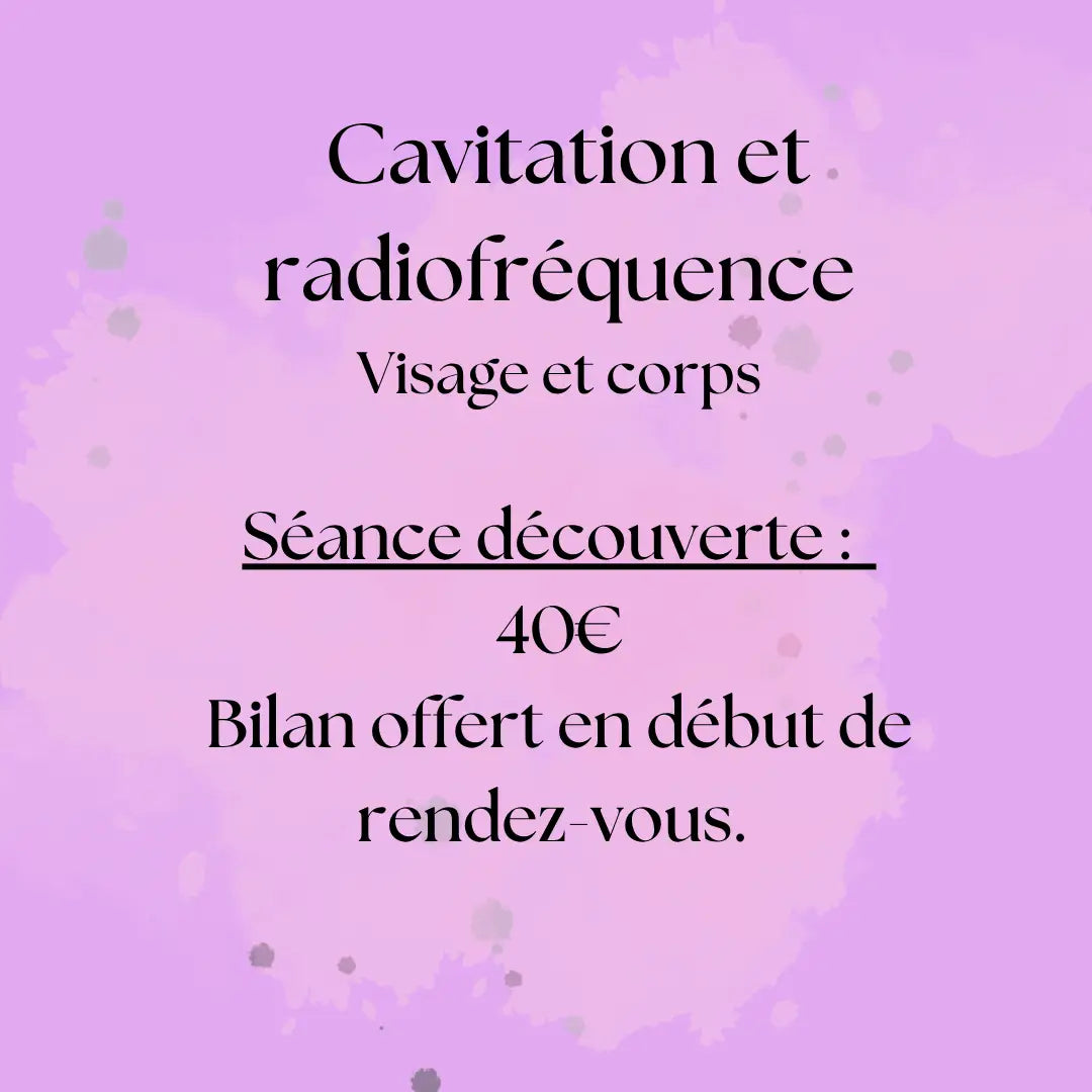 Fond aquarelle violet avec texte noir annonçant séance découverte du soin de cavitation et radiofréquence visage ou corps